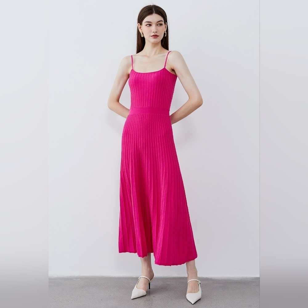 Pleated Knit Cami Dress in Hot Pink